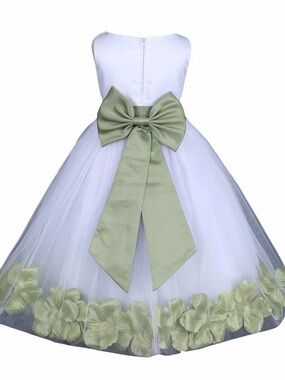 White Flower Trim Tulle Girls' Formal Dress With Sage Green Bow